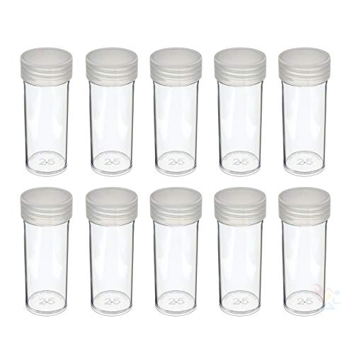 (10) Round Clear Plastic (Quarter) Size Coin Storage Tube Holders with Screw on Lid