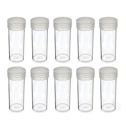 (10) Round Clear Plastic (Quarter) Size Coin Storage Tube Holders with Screw on Lid