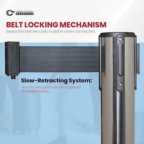 Crowd Control Warehouse Retractable Belt Stanchion Barriers, 2 Pack, 11 Ft - color: Black Belt, Polished Stainless Steel Post