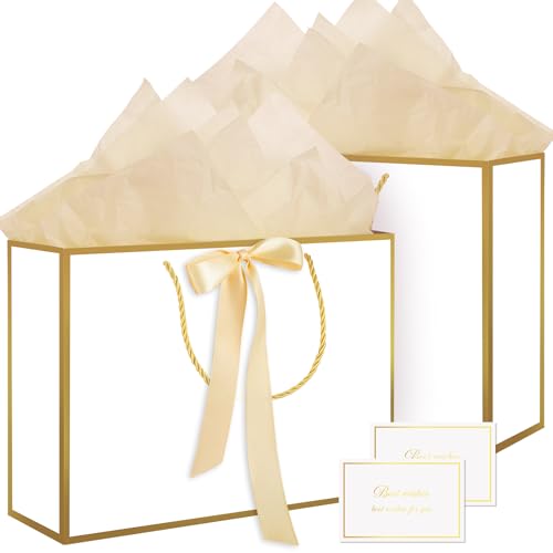 woric 2 Pcs White Gold Foil Gift Bags, 14" Medium Wedding Gift Bag - color: White with Gold Edge