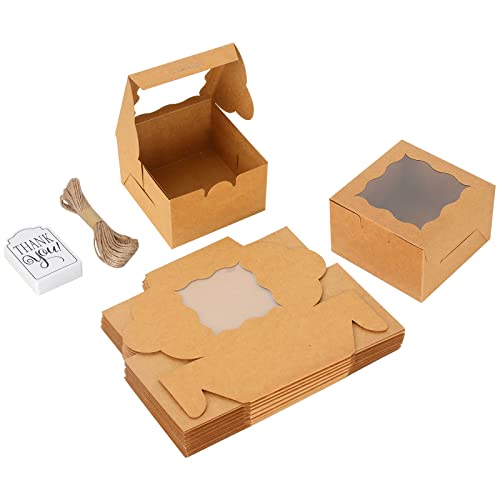 KPOSIYA 20pcs Small Cookie Boxes with Window, 4x4x2.5 Brown Bakery Box - color: Brown, size: 20