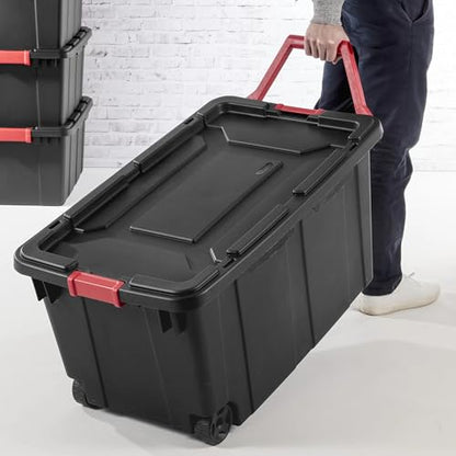 40 Gallon Extra Large Rolling Storage Bins 2-Pack, Black Heavy-Duty Plastic with Pivoting Handle & Leak-Resistant Lid, for Garage Warehouse Industrial Storage - color: 2PCS, black