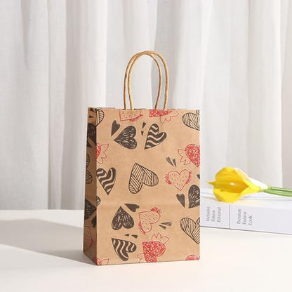 piqiya 24pcs Valentine Gift Bags Bulk,Kraft Paper Gift Bag with Handle,Valentines Gift Bags for Gift Wrapping,Anniversary,Valentine‘s Day Party - color: mix heart