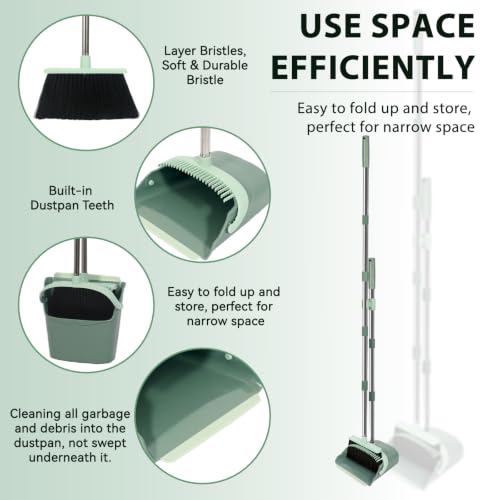 YZO Broom and Dustpan Set, 54.33 Inch Long Handle Standing Design, Dustpan Front Rubber Tight Seal, Broom with 5 Layer Bristles, Suitable for Living Room, Bedroom, Yard, Office (Green) - color: Green