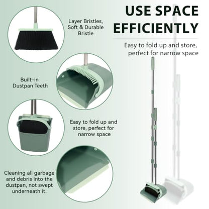YZO Broom and Dustpan Set, 54.33 Inch Long Handle Standing Design, Dustpan Front Rubber Tight Seal, Broom with 5 Layer Bristles, Suitable for Living Room, Bedroom, Yard, Office (Green) - color: Green