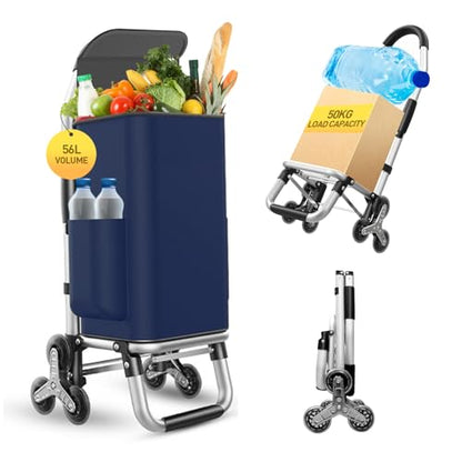 Heavy Duty 3 in 1 Shopping Cart, Foldable Hand Truck with 6 Wheels - color: Navy Blue