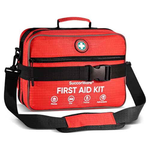 Professional 435 Pieces Large First Aid Kit - Includes Compressed Gauze - Compartments Emergency Medical Kit for Home, Camping, Backpacking, Travel, Boat, Car,Outdoors (Red)