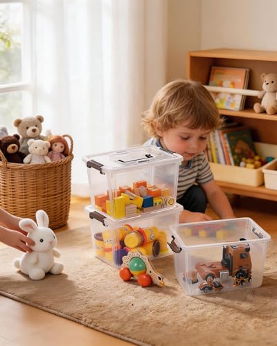 Citylife 4 Packs Plastic Storage Bins with Latching Lids Clear Storage Box with handle Stackable Storage Containers for Organizing Toys, Crafts, Tools - size: 6QT