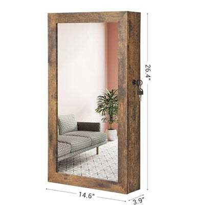 SONGMICS Lockable Jewelry Cabinet Armoire with Mirror, Wall-Mounted - color: Rustic Brown, style: Essential Capacity