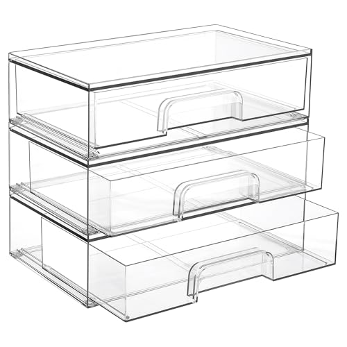 Vtopmart 12.1''W Clear Stackable Storage Drawers,3 Pack Acrylic Plastic Organizers Bins for Makeup Palettes, Cosmetics, and Beauty Supplies,Ideal for Vanity, Bathroom,Cabinet,Desk Organization - style: Wide-3pack-Clear