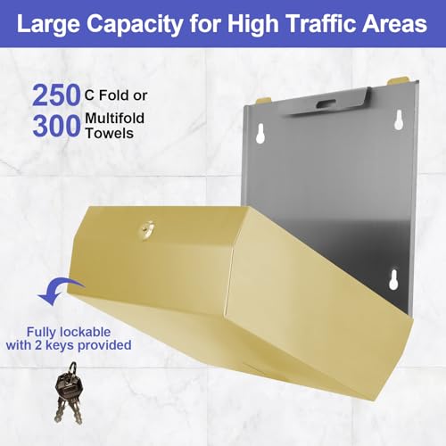 Stardrix Paper Towel Dispenser Wall Mount, Brushed Gold Stainless Steel Commercial Paper Towel Holder with Lock, Large Capacity 250 C Fold/300 Multifold Towels - color: Gold, size: 250 C Fold/300 Multi-Fold with Lock