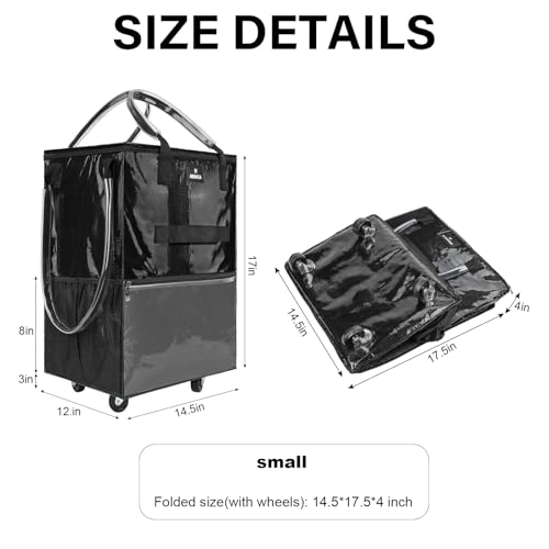 Reusable Grocery Bag on Wheels, Foldable Rolling Tote Bag with 6 Pockets - color: Black, size: Small