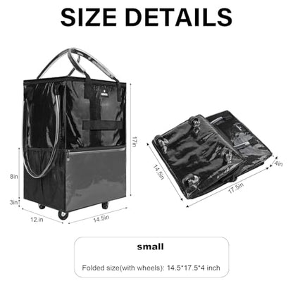 Reusable Grocery Bag on Wheels, Foldable Rolling Tote Bag with 6 Pockets - color: Black, size: Small
