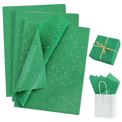 BEISHIDA 50 Sheets Dark Green Glitter Tissue Paper Bulk, Glitter Tissue Wrapping Paper for Gift Bags, 14 x 20 Inch Gift Wrap for Birthday Wedding Graduation DIY Crafts Holiday Flowers - color: green