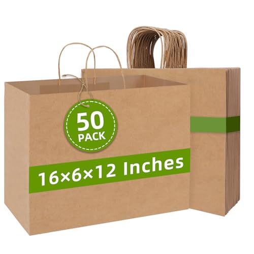 Johuivo Large Kraft Gift Bag, 50 Pcs Brown Paper Shopping Bags with Handles - color: Brown-Large-50Pcs