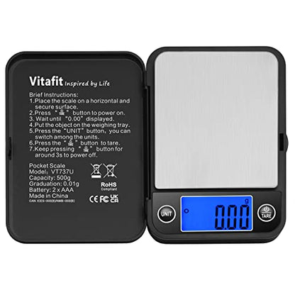 Vitafit 500g Digital Pocket Scale High Accuracy 0.01g, Gram Scale Blue LCD