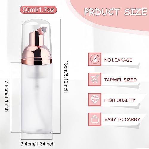 5PCS 50ml/1.7oz Clear Plastic Frosted Foam Bottles with Rose Gold Pump Head Empty Mini Soap Dispenser Refillable Mousse Bottles for Shampoo Shower Gel Hand Soap Foaming