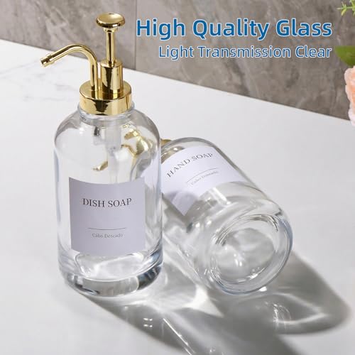 Glass Soap Dispenser with Pump, Dish and Hand Soap Dispenser for Kitchen Bathroom Set, Clear Glass Dispenser Set of 2 Pack with 18 Stickers Funnel Bamboo Tray 500ml 18oz / Each Bottle Gold Pump - color: Glass+gold Pump