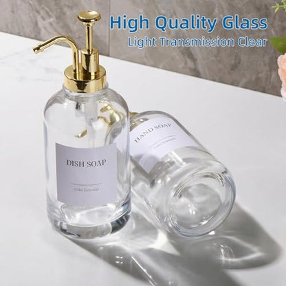 Glass Soap Dispenser with Pump, Dish and Hand Soap Dispenser for Kitchen Bathroom Set, Clear Glass Dispenser Set of 2 Pack with 18 Stickers Funnel Bamboo Tray 500ml 18oz / Each Bottle Gold Pump - color: Glass+gold Pump