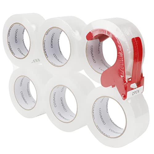 COSIMIXO 6-Pack Heavy Duty Clear Packing Tape with Dispenser, 2.5mil x1.88 inch x110 Yards, Ultra Strong,Industrial Shipping Box Transparent Packaging Tape for Moving, Office, & Storage - size: 2.5Mil x 1.88" x 110Yds 6-Pack