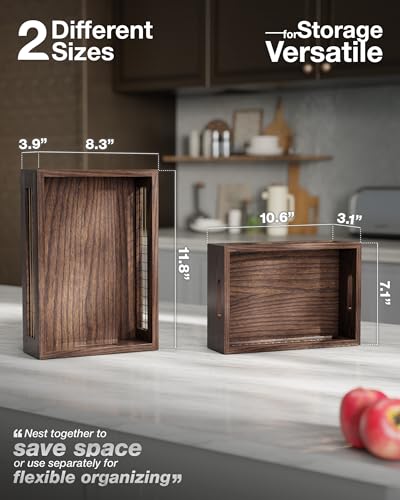 Set of 2 Wooden Countertop Baskets with Sturdy Wire Mesh & Handles - color: Walnut