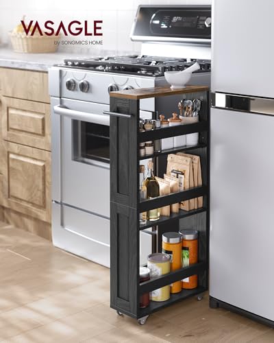 VASAGLE 4-Tier Slide-Out Storage Cart, Slim Kitchen Cart with Wheels - color: Ebony Black + Rustic Brown, size: 5.9"D