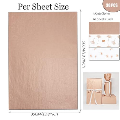 30 Sheets Rose Gold Tissue Paper for Gift Bags, Metallic Ginkgo Leaves Dandelion Gift Wrapping Tissue Paper Bulk, Elegant Art Tissue for Graduation, Birthday Party Weddings,19.7x13.8inch - color: Ginkgo Leaf 30P
