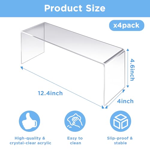 4 Pack Large Acrylic Risers – Clear Display Shelf Organizer for Kitchen, Countertop, Spices, Perfume, Cupcakes (12.4” x 4” x 4.6”) – Non-Slip & Durable