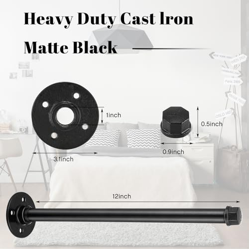 Barydat 12 Set 12 Inch Industrial Pipe Clothing Rack with Screws Set Wall Mounted Industrial Pipe Clothes Bar Closet Poles for Hanging Clothes Black Clothes Hanging Rod for Retail Boutique Display