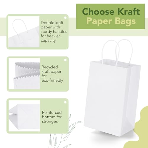 MESHA 200Pcs White Gift Bags 5.25x3.75x8 Small Paper Bags with Handles Bulk - color: White 5.25x3.75x8 Inch, size: 1 count (Pack of 200)