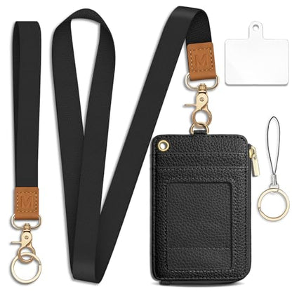 Piefly Black Lanyard Wallet with ID Badge Holder, Small Slim RFID Keychain - color: A-black