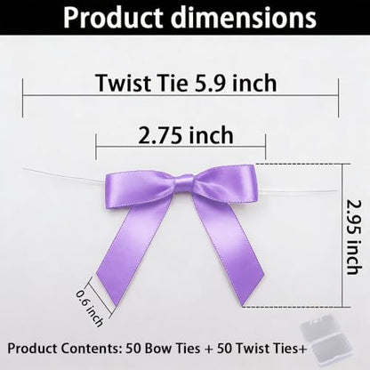Purple Satin Pre-Tied Twist Tie Bows, 50 Pack for Treat Bags - color: Purple