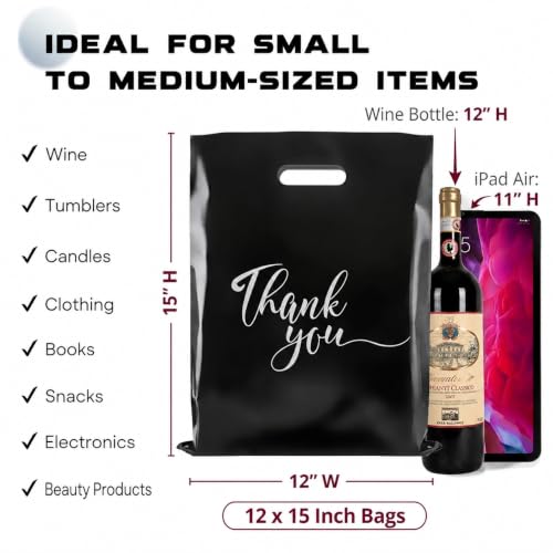 Rainbows & Lilies Thank You Plastic Bags with Handles, Black 100pk 12x15 in - color: Black