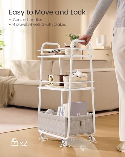 VASAGLE Storage Cart with Fabric Basket, 3-Tier Rolling Utility Cart - color: Cloud White + Camel Brown, style: 16.9"D x 11.8"W x 31.9"H