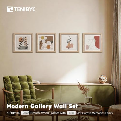 10x10 Picture Frame 4 Pack, 8x8 Mat, Natural Wood, Glass - color: Natural, size: 10 X 10