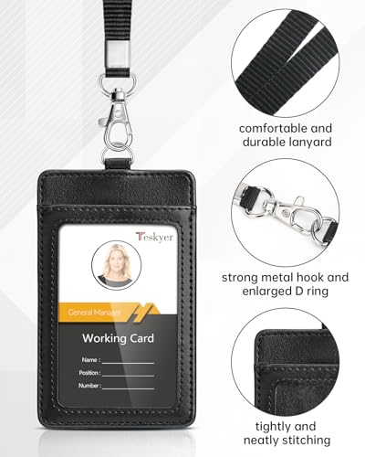 Teskyer Leather ID Badge Holder with Lanyard, Vertical Black - color: Black, size: Vertical