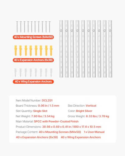 VEVOR Shelf Pilaster, 39-inch 10 Pack, Upright Wall Shelving System, Heavy Duty Support System Single Slot Shelf Rails, 40 Screws Included, Suitable for Cabinet Closet Organization Storage, Silver - style: 39-inch