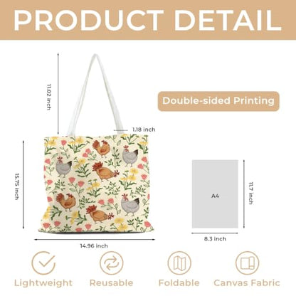 Cute Canvas Tote Bag for Women, Book Totebag with Zipper Pocket - color: Chicken Flowers