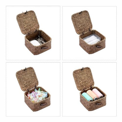 Hipiwe Mini Seagrass Basket Box Wicker Shelf Baskets with Lid, 3.5"x3.5"x2" - color: Coffee color, size: 3.5" x 3.5" x 2"