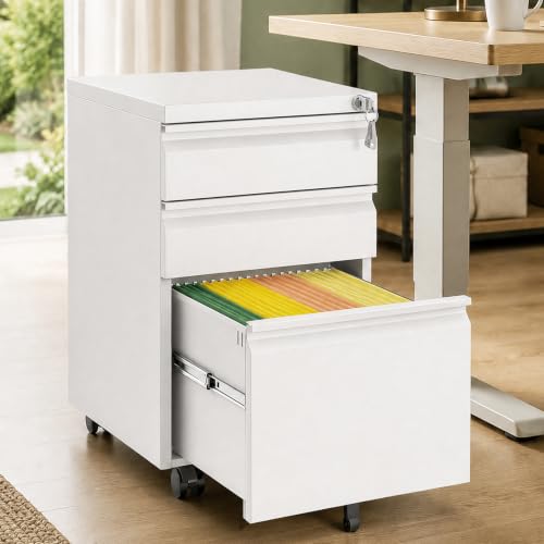 3 Drawer Metal File Cabinet with Lock & Rolling Casters - color: White