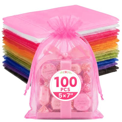 ANZNKU 100PCS Organza Bags 5x7 Multicolor Small Gift Mesh Drawstring Bag - color: Multicolor