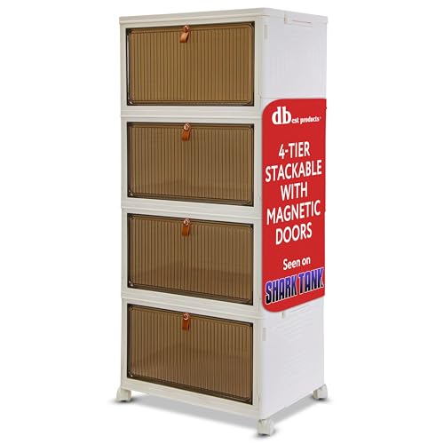 Quik Box Sport 4-Tier Stackable Storage Organizer - 24 Gallon Capacity Collapsible Bins with Magnetic Doors, Space-Saving Vertical Storage for Bedroom, Closet, Dorm Organization - color: Blanc