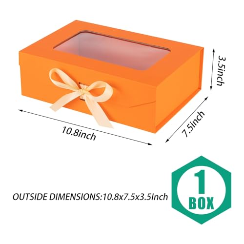 Orange Gift Box for Presents with Ribbon 10.8x7.5x3.5 Inches Clear Gift Box with Window Magnetic Closure Gift Boxes with Lids - color: Orange-10.8x7.5x3.5 Inches (Pack of 1)