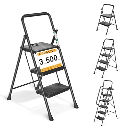 Arbusb 3 Step Ladder, Folding Steel Ladder with Handrail & Wide Pedals - color: Black, size: 3-Step