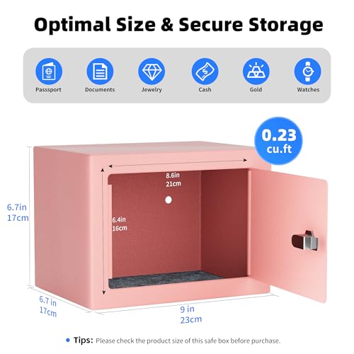 CDC DIGI Safe Box, Steel Security Safe Lock Box with Key Lock, Safe Box for Home, Office, Money, Jewelry, Documents and Valuables, 0.23 Cubic Feet, 9.06" W x 6.69" D x 6.69"H（Pink） - color: Pink