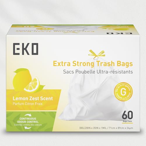 EKO 21 Gallon / 50-90 Liter, Drawstring TrashBags,Extra-Strong Garbage Bags,Lemon Zest Scent-Continuous Odor Control,Easy-Dispense Roll for Kitchen & Household Use, Code G,White, 60 Count (Pack of 4) - size: 60 Count (Pack of 4), style: 21 Gallon Bags/Cod