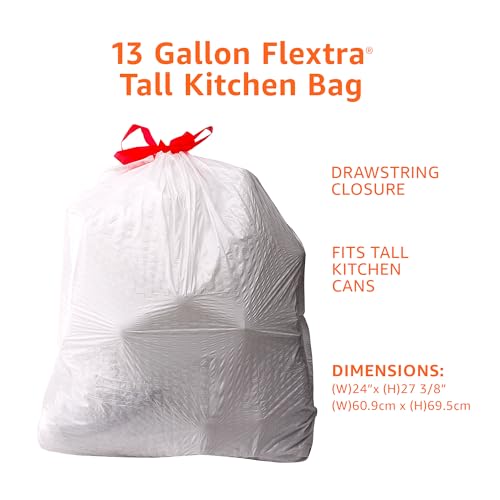 Amazon Basics 13 Gallon Tall Kitchen Drawstring Trash Bags, Flextra Strength, Clean Fresh Scent, Tear Resistant, 0.9 mil Thickness, 10% Post Consumer Recycled, 120 Count - size: 1 Count (Pack of 120)