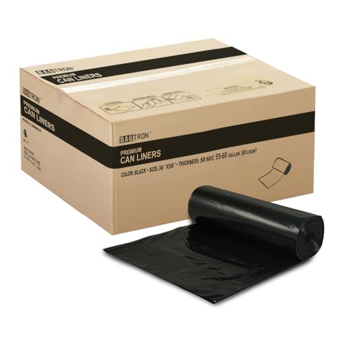 Bagtron 55-60 Gallon Trash Bags, 50 Micron Heavy Duty Pure LDPE Garbage Can Liners, 36" x 58" Large, Black, 50 Count - style: 60 Gal, 2mil (50ct)