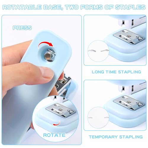 Blue Desk Accessory Kit Cute Office Supplies Set Desktop Stapler Set Includes Staple Remover Hole Punch Tape Dispenser Ballpoint Pen Scissor Mini Box Cutter Tape Measure Paper Clips Sticky Notes - color: Blue