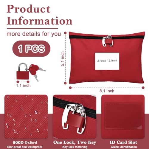 Lockable Money Bag 5x8 Medium Size Oxford Cloth Money Bag with Lock & Keys - color: Red, size: 5x8 In